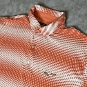 Greg Norman Polo Shirt Mens Large Orange White Stripes Active Short Sleeve Golf